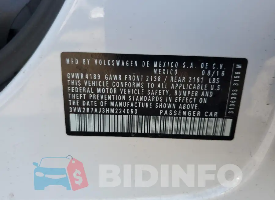 3VW2B7AJ3HM224050 Photo# 13