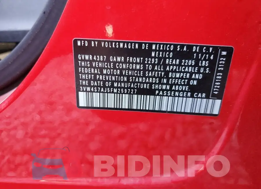 3VW4S7AJ5FM259727 Photo# 12