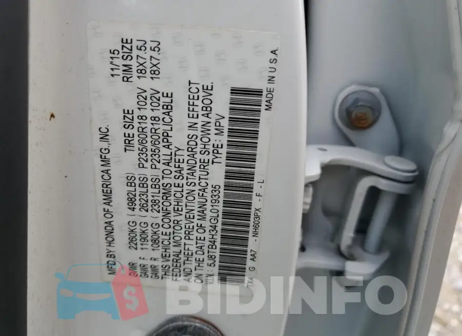 5J8TB4H34GL019335 Photo# 12