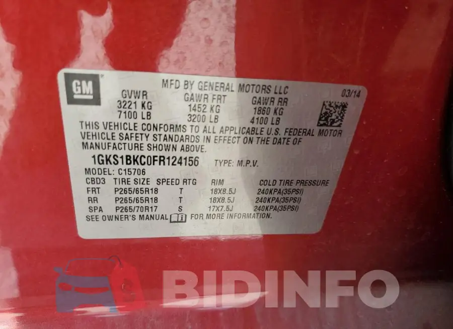 1GKS1BKC0FR124156 Photo# 13
