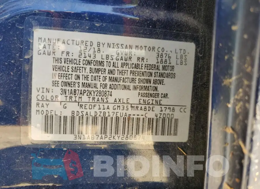 3N1AB7AP2KY280874 Photo# 12