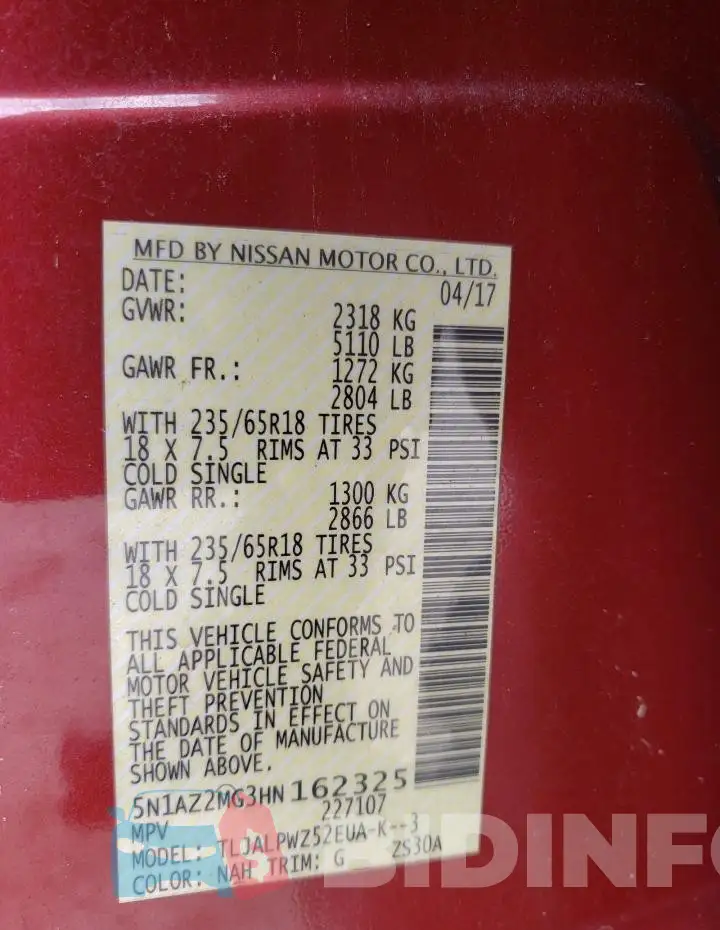 5N1AZ2MG3HN162325 Photo# 13