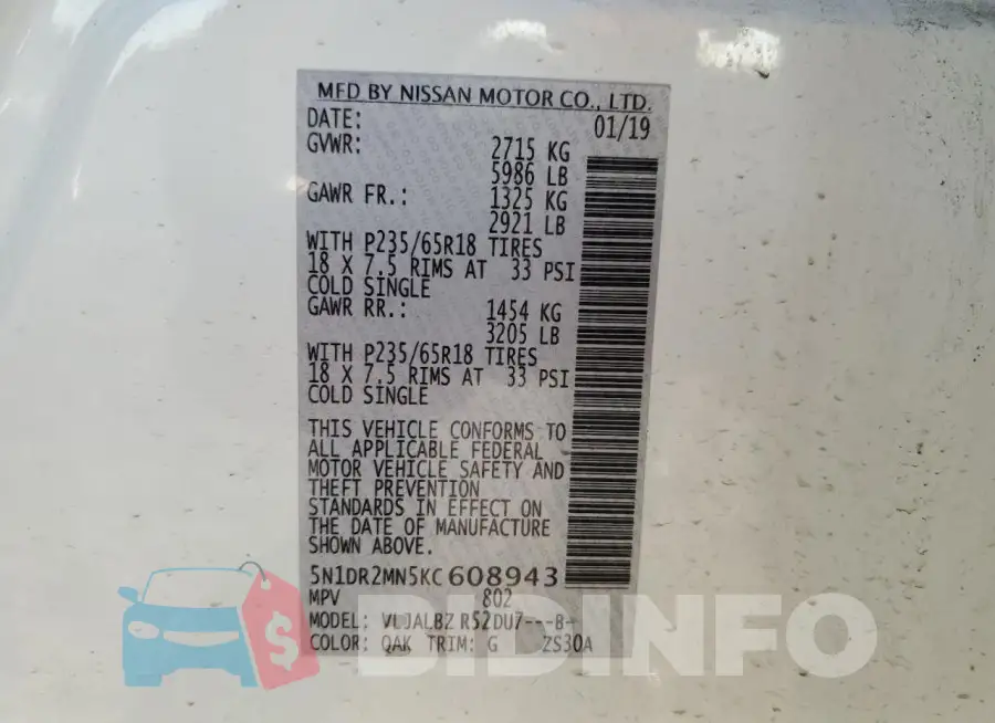 5N1DR2MN5KC608943 Photo# 13