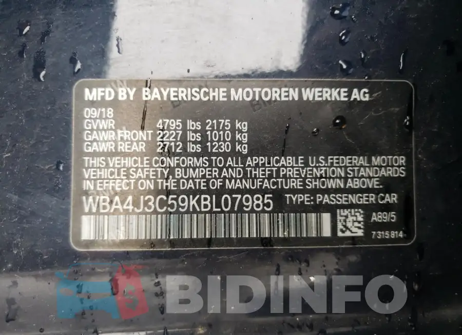 WBA4J3C59KBL07985 Photo# 13