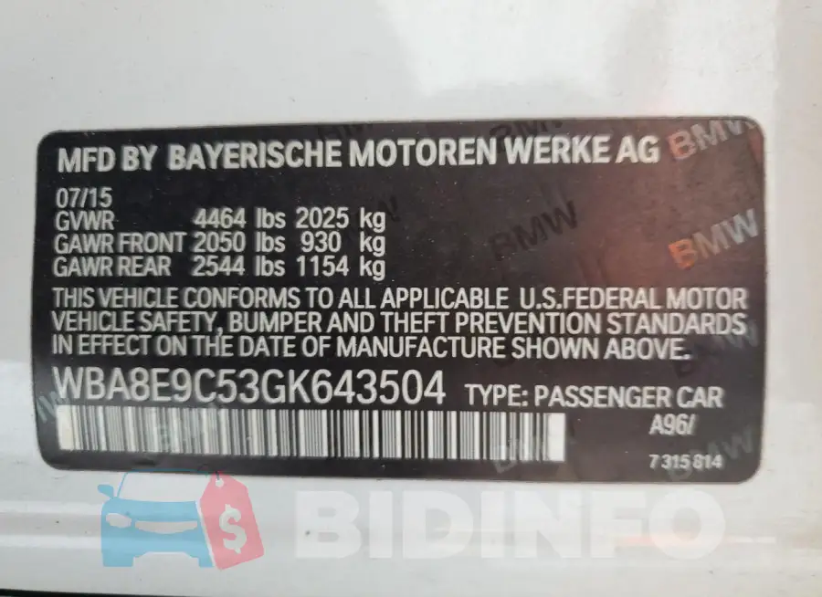 WBA8E9C53GK643504 Photo# 13
