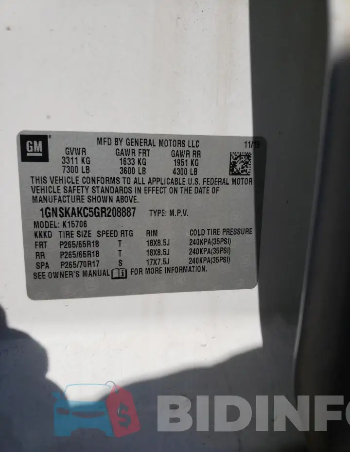 1GNSKAKC5GR208887 Photo# 13