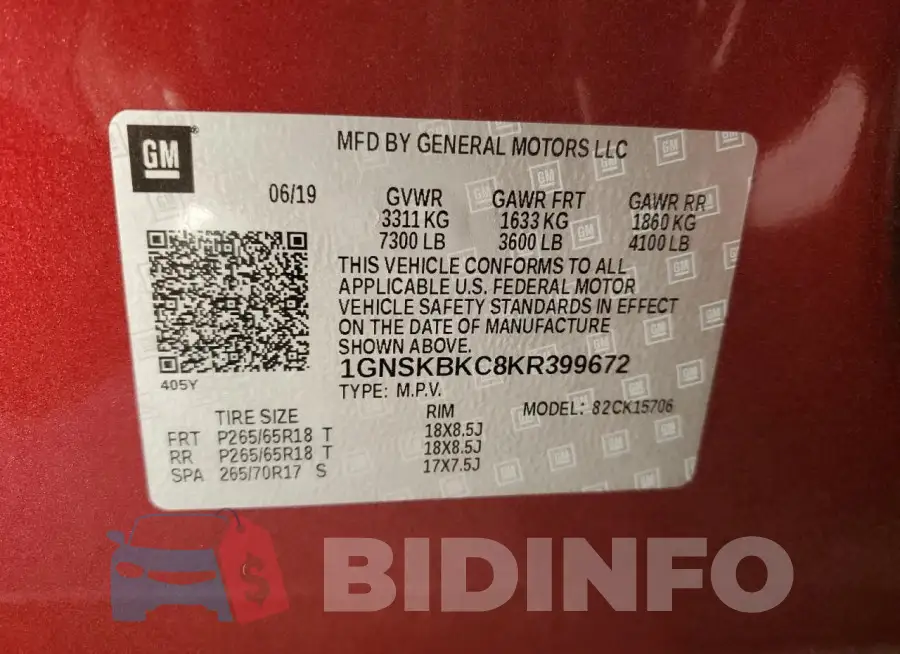 1GNSKBKC8KR399672 Photo# 13