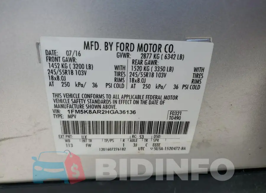 1FM5K8AR2HGA36136 Photo# 13