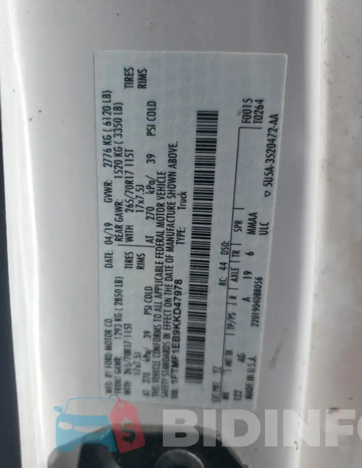 1FTMF1EB9KKD47978 Photo# 12