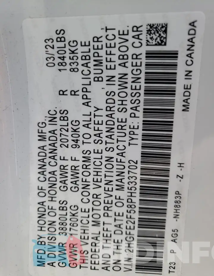 2HGFE2F58PH533702 Photo# 12