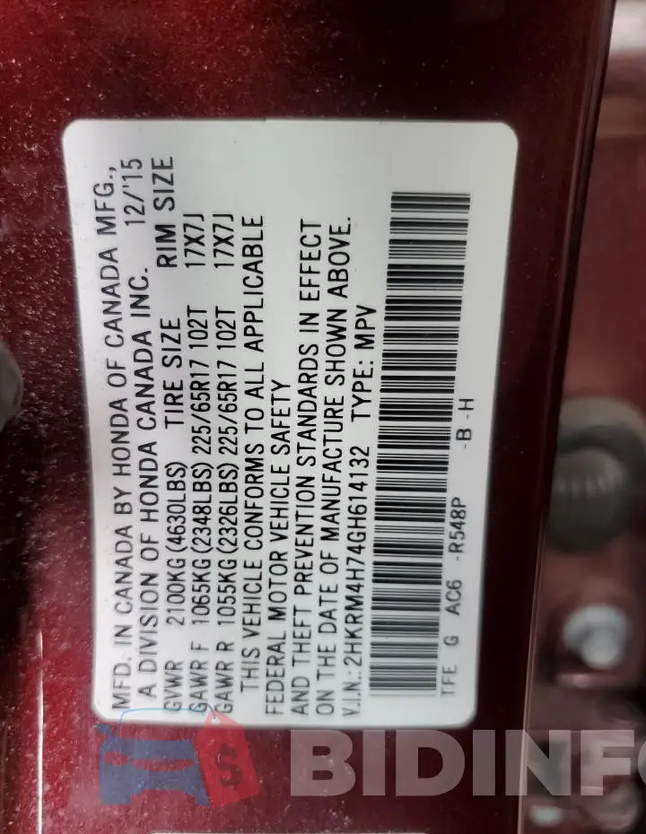 2HKRM4H74GH614132 Photo# 13