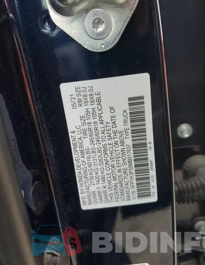 5FPYK3F59MB017637 Photo# 12