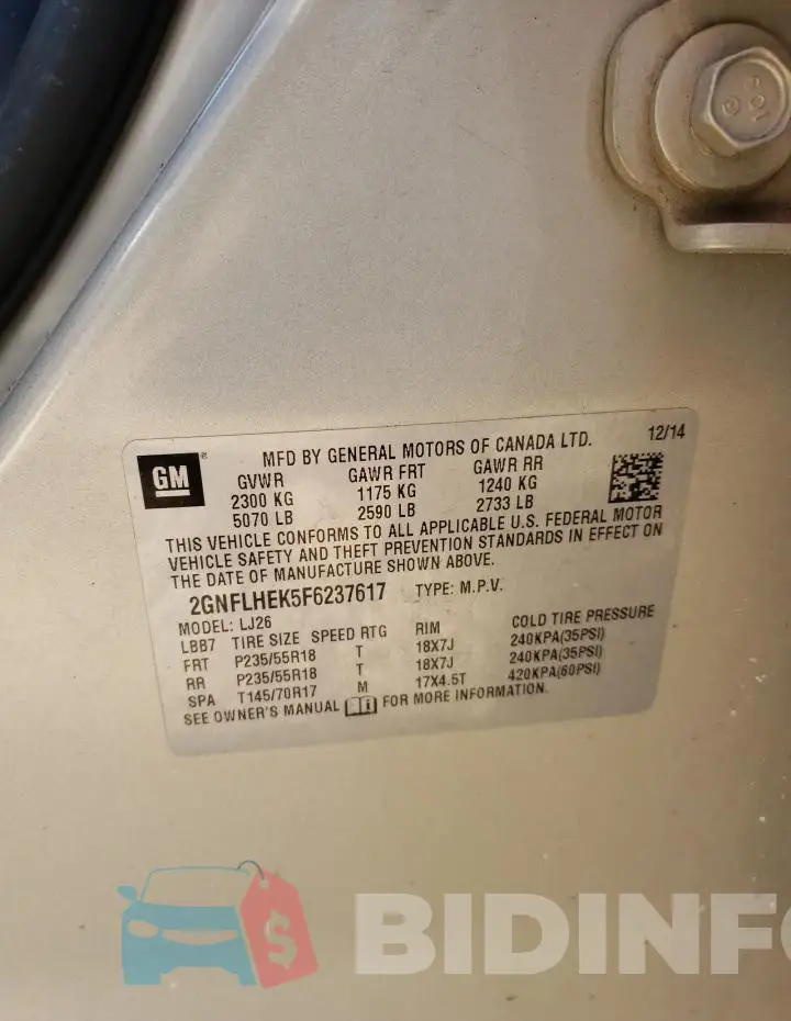 2GNFLHEK5F6237617 Photo# 12