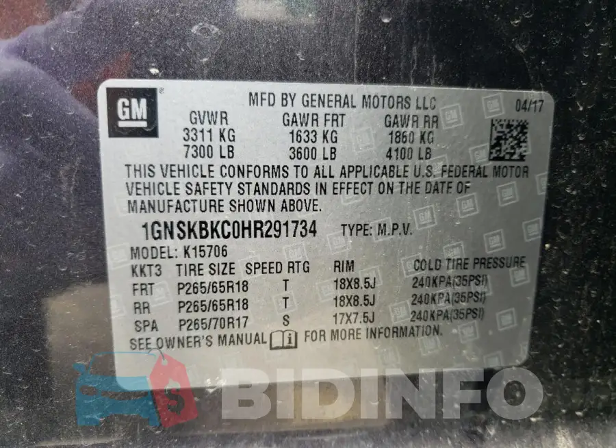 1GNSKBKC0HR291734 Photo# 13