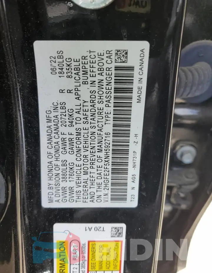 2HGFE2F5XNH592716 Photo# 12