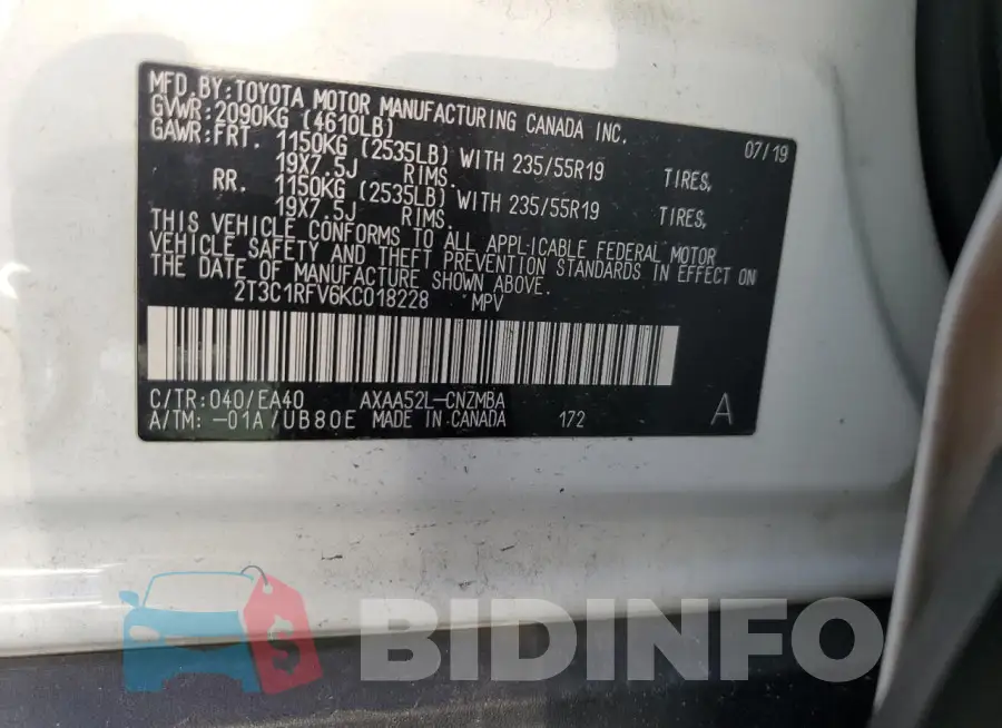 2T3C1RFV6KC018228 Photo# 12