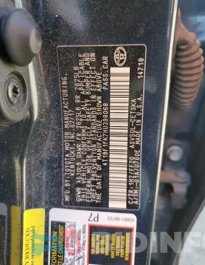 4T1BF1FK7HU398068 Photo# 12