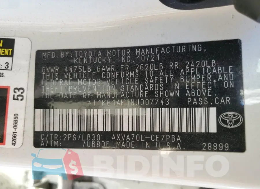 4T1K61AK1NU007743 Photo# 13