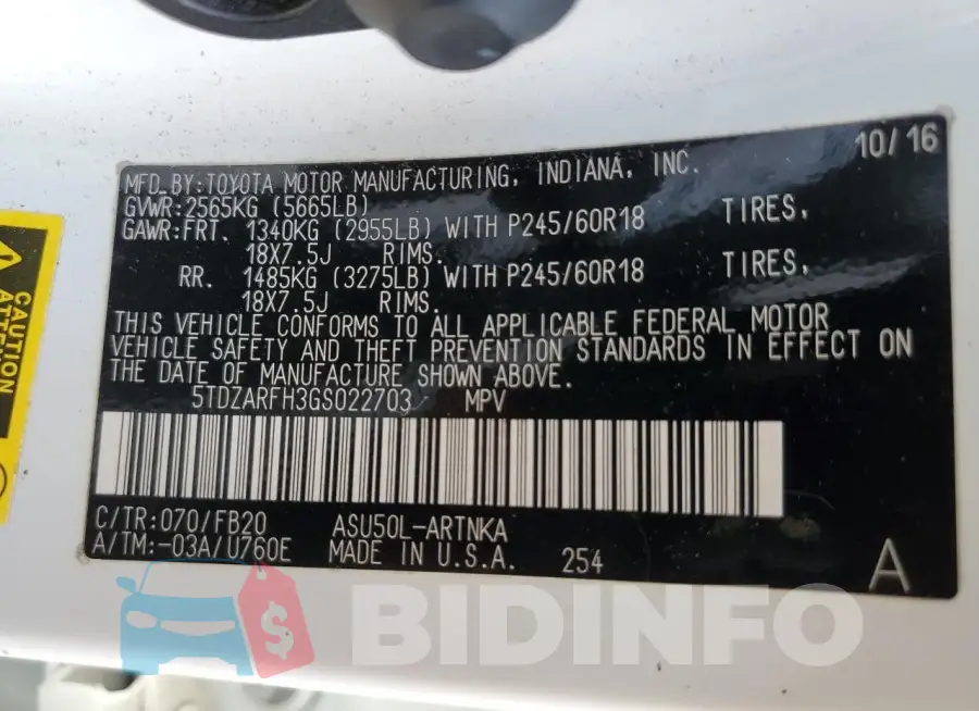 5TDZARFH3GS022703 Photo# 13