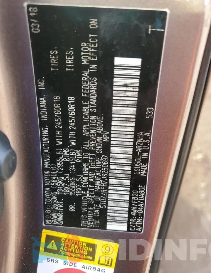 5TDZZRFH7JS260697 Photo# 13