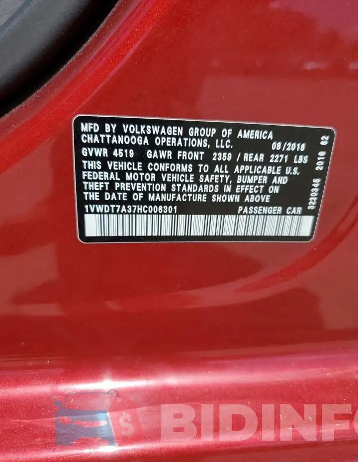 1VWDT7A37HC006301 Photo# 12