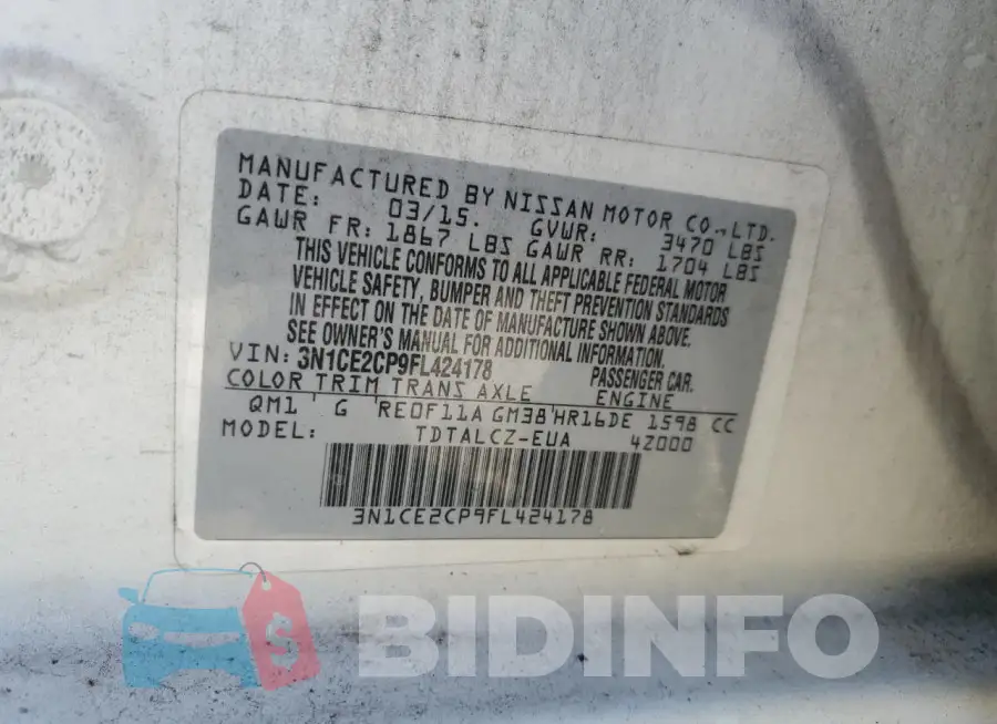 3N1CE2CP9FL424178 Photo# 12