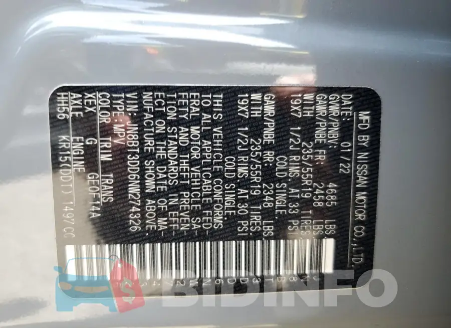 JN8BT3DD6NW274326 Photo# 13