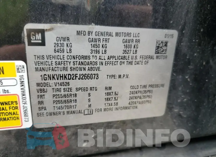 1GNKVHKD2FJ266073 Photo# 14