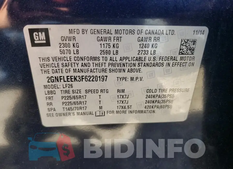 2GNFLEEK3F6220197 Photo# 14