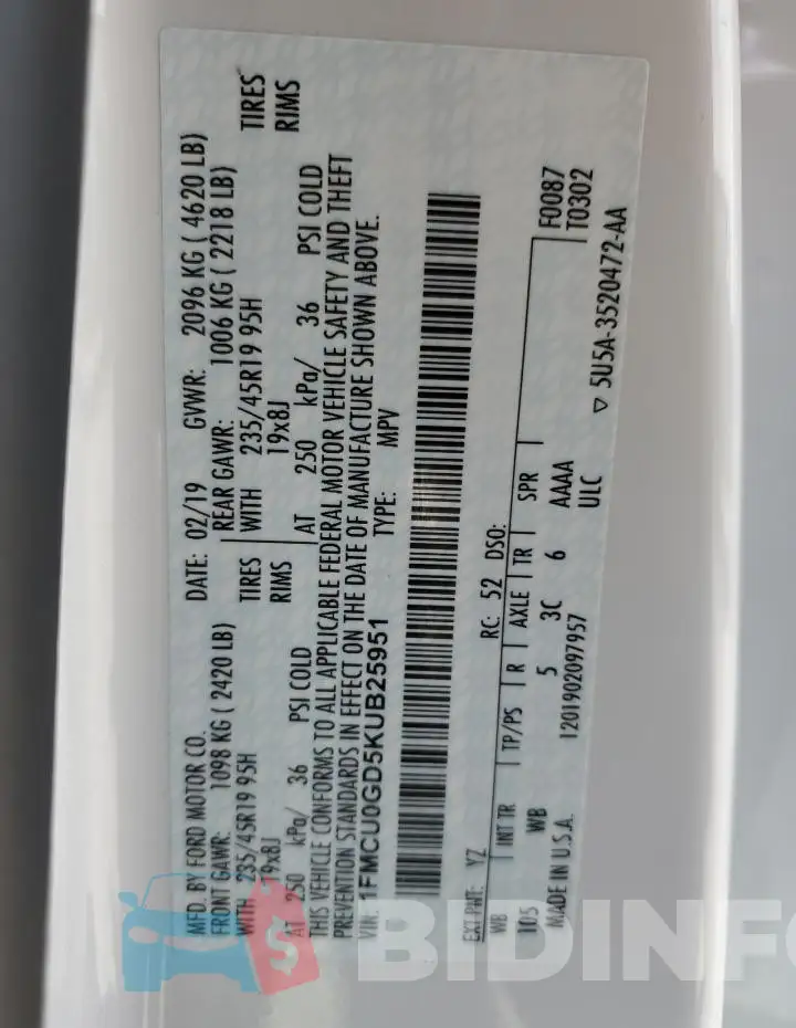 1FMCU0GD5KUB25951 Photo# 13