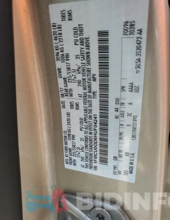 1FMCU0GD6HUF04241 Photo# 12