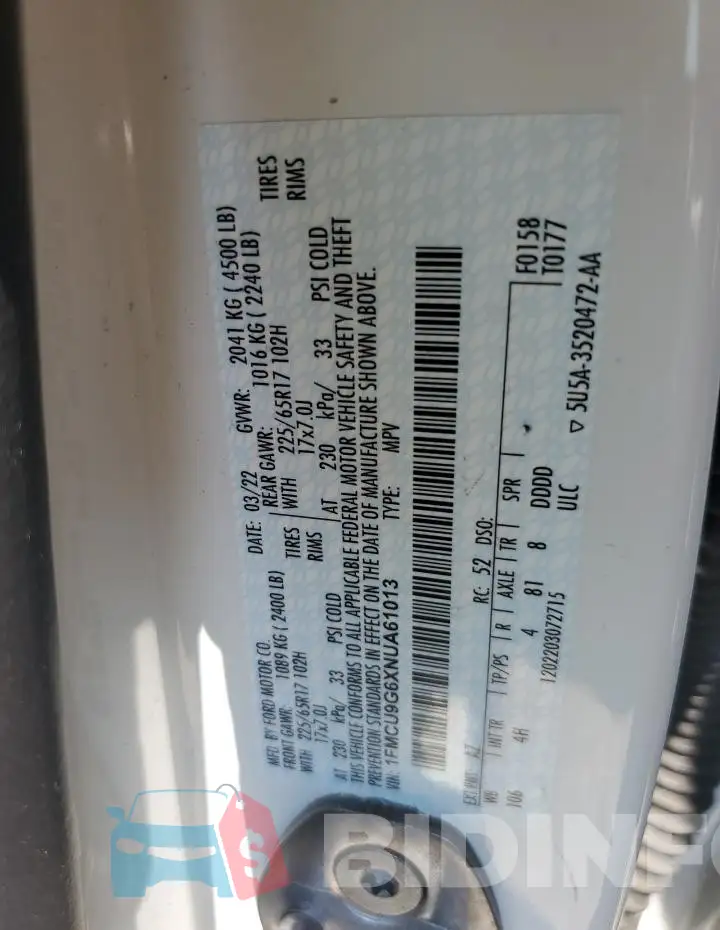1FMCU9G6XNUA61013 Photo# 12