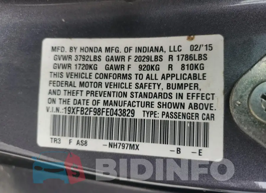 19XFB2F98FE043829 Photo# 13