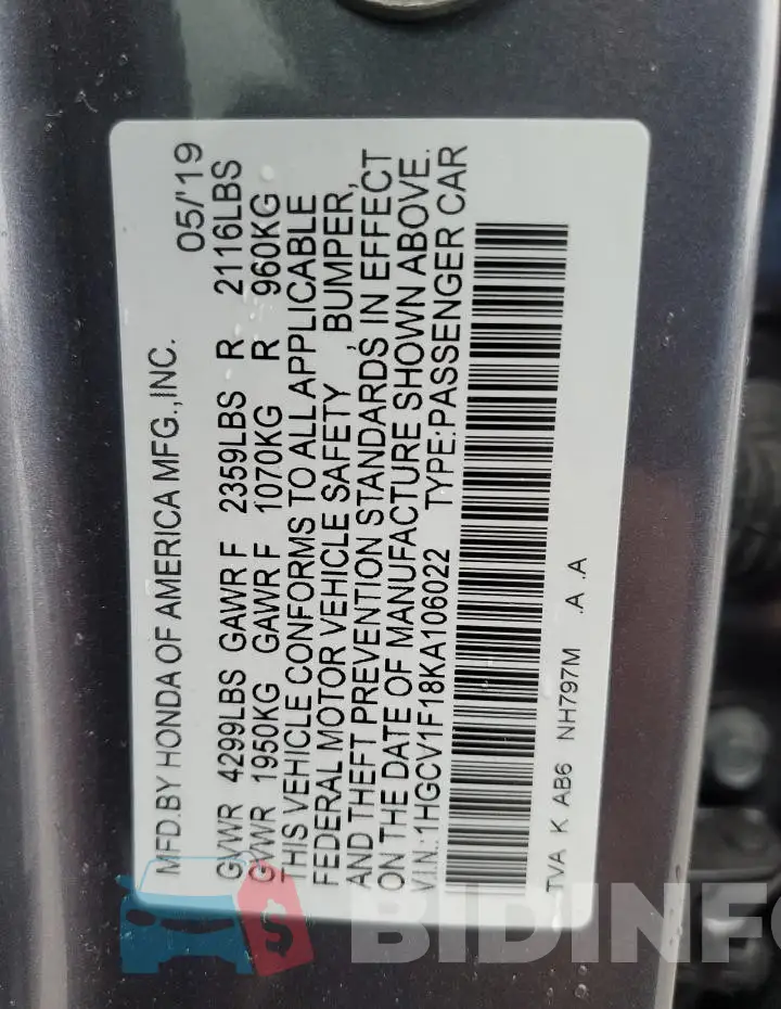 1HGCV1F18KA106022 Photo# 12
