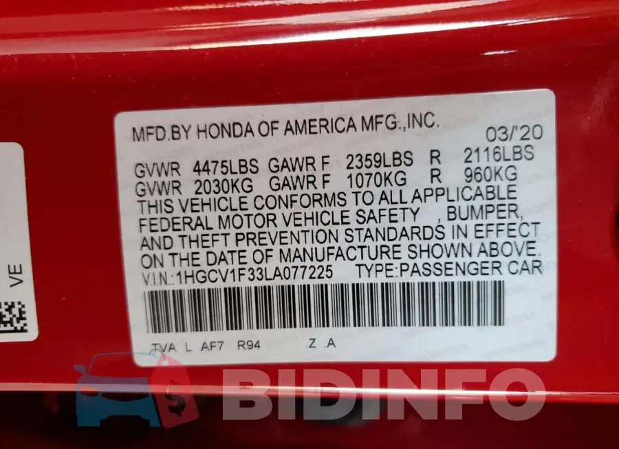1HGCV1F33LA077225 Photo# 12