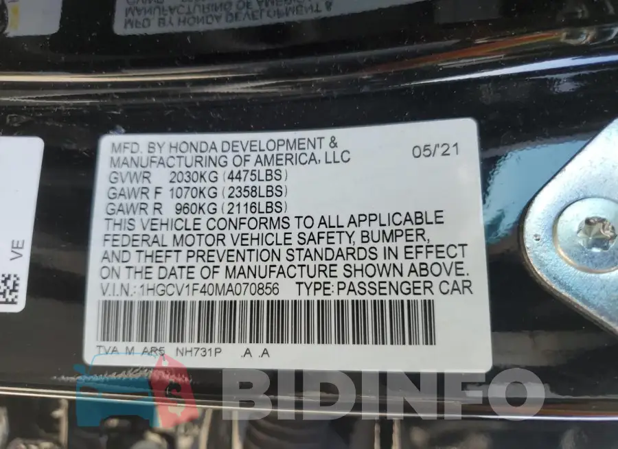 1HGCV1F40MA070856 Photo# 12