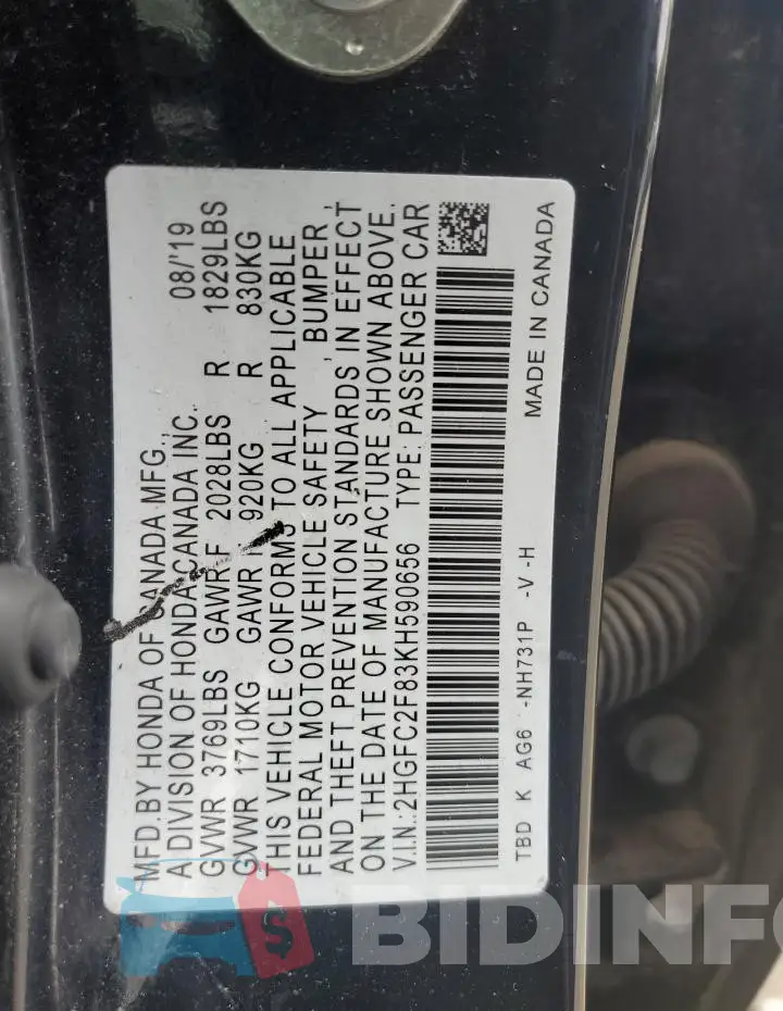2HGFC2F83KH590656 Photo# 12