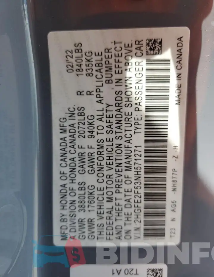 2HGFE2F53NH571271 Photo# 13