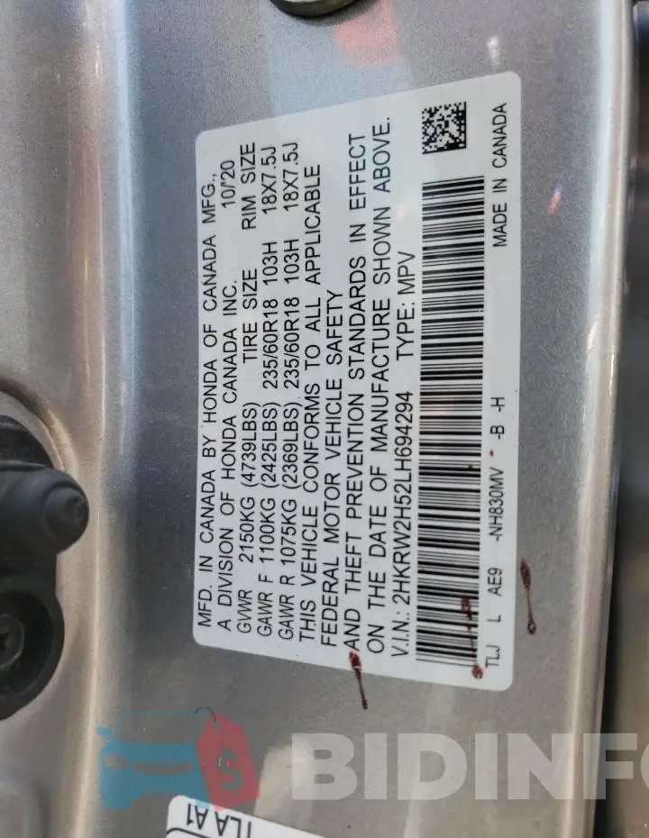 2HKRW2H52LH694294 Photo# 12