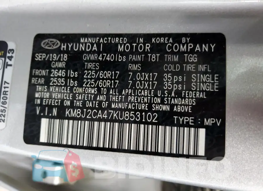 KM8J2CA47KU853102 Photo# 13