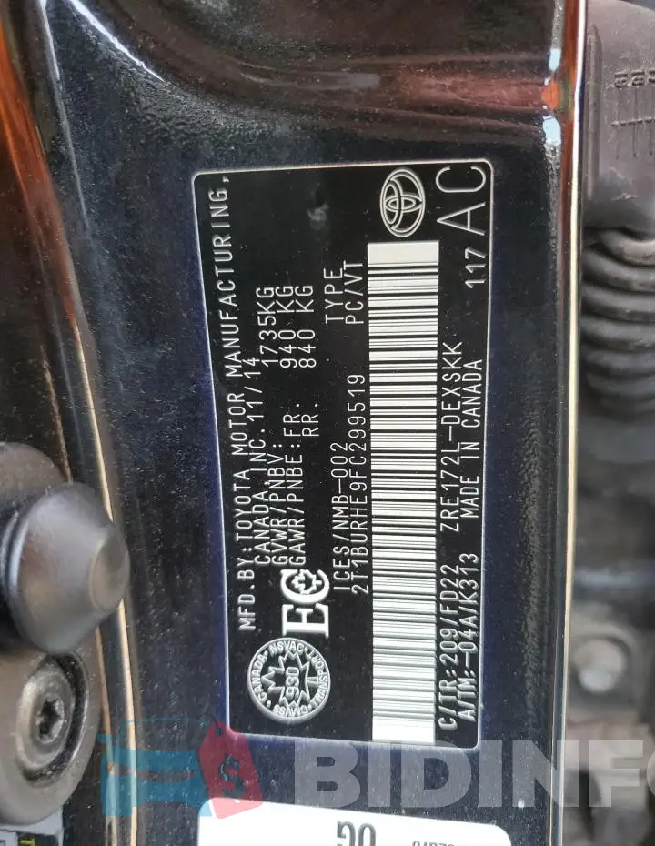 2T1BURHE9FC299519 Photo# 12