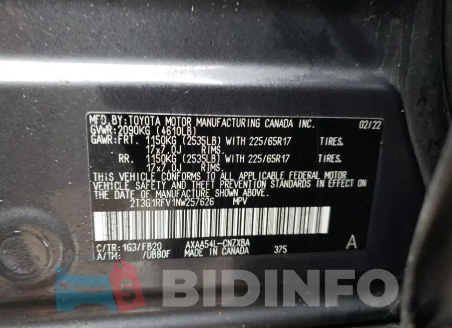 2T3G1RFV1NW257626 Photo# 13