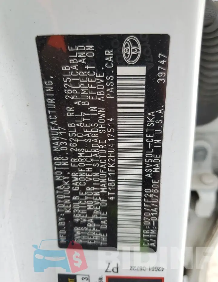 4T1BF1FK2HU417514 Photo# 12