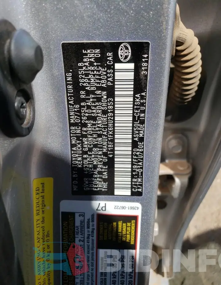 4T1BF1FK6HU291853 Photo# 12