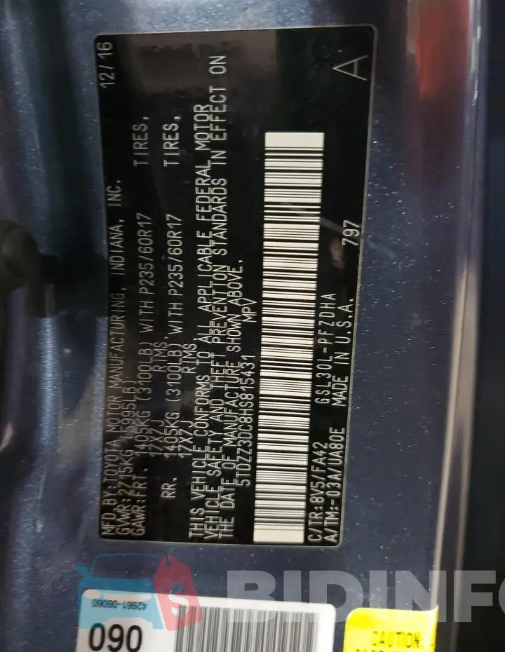 5TDZZ3DC8HS815431 Photo# 14