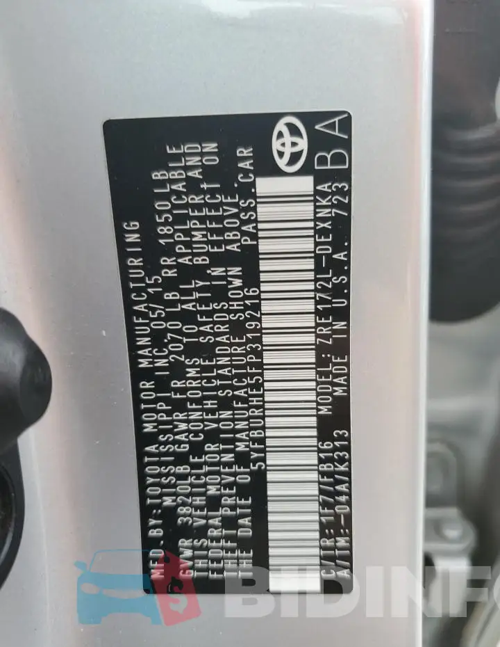 5YFBURHE5FP319216 Photo# 12