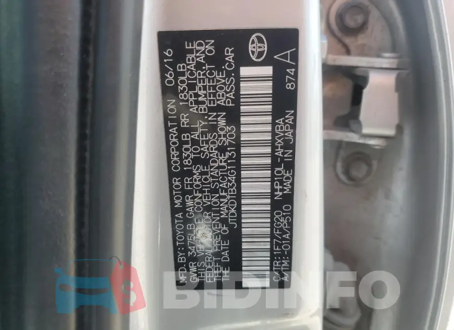 JTDKDTB34G1131703 Photo# 12