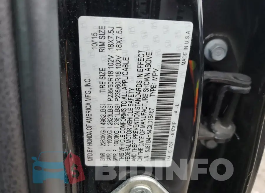 5J8TB4H54GL016467 Photo# 13
