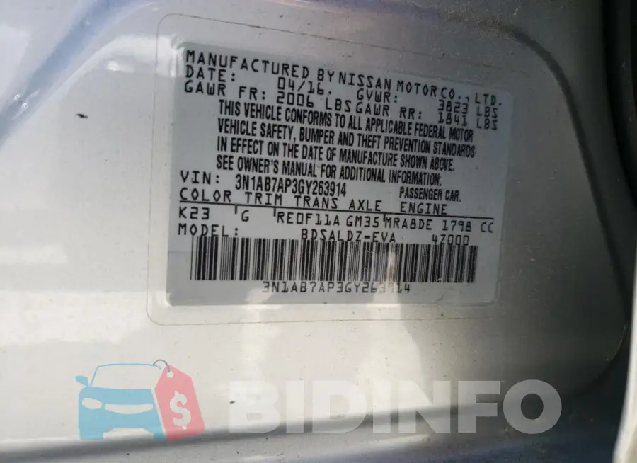 3N1AB7AP3GY263914 Photo# 12