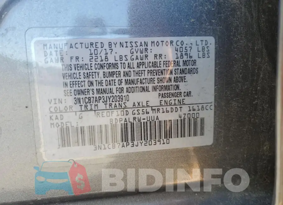 3N1CB7AP3JY203910 Photo# 12